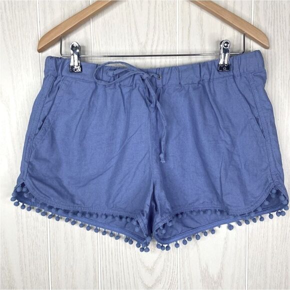 J. Crew Linen Blend Blue Pom-Pom Shorts Drawstring W 16” I 3” R 10” - Picture 1 of 9